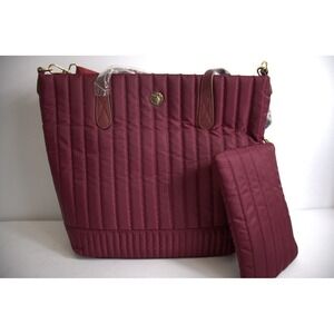 NWT Anne Klein Quilted Tote Bag Burgundy Nylon Cosmetic Pouch Included